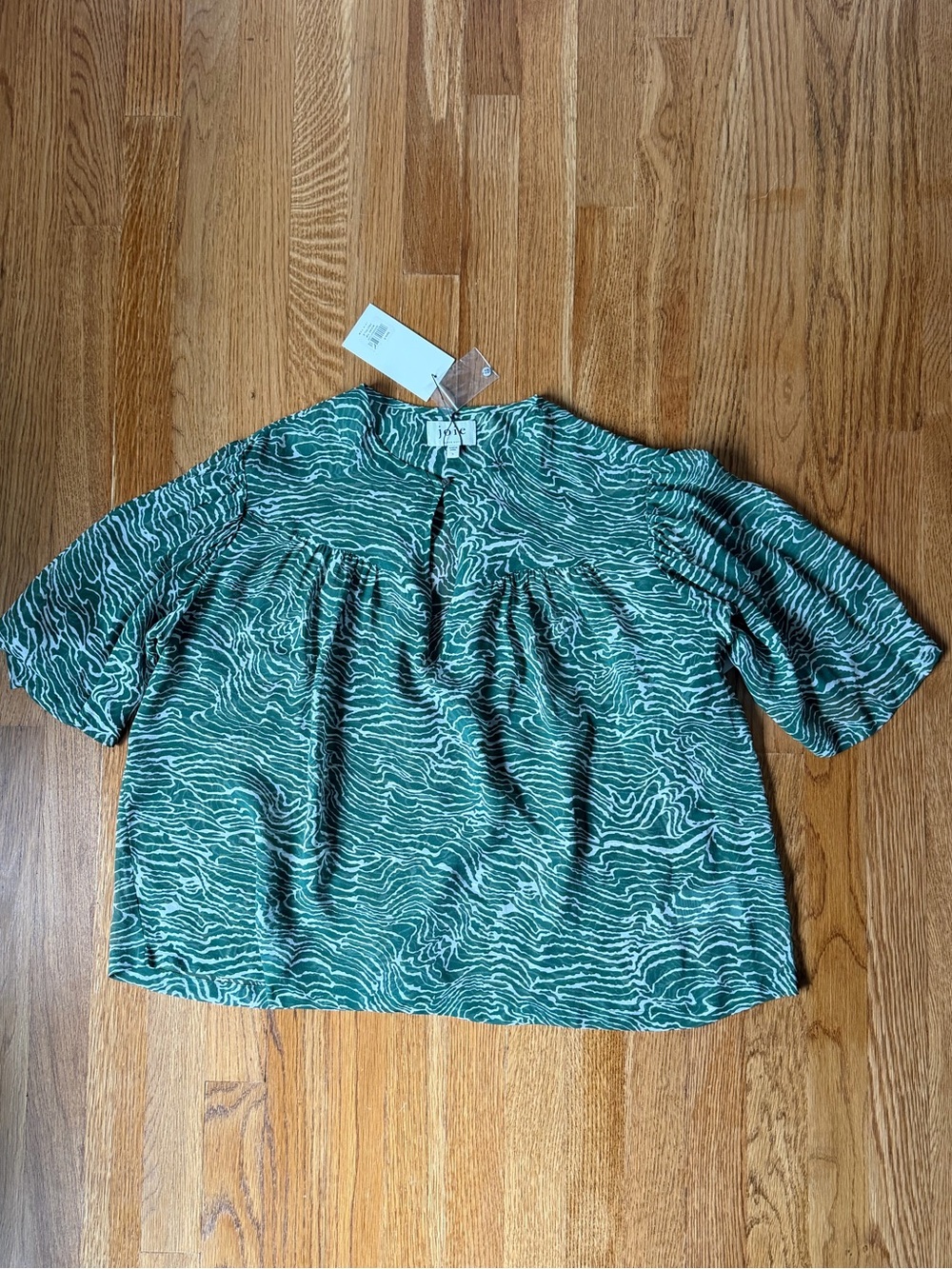 Joie Green Wave-Print Short Sleeve Silk Blouse, Small NWT